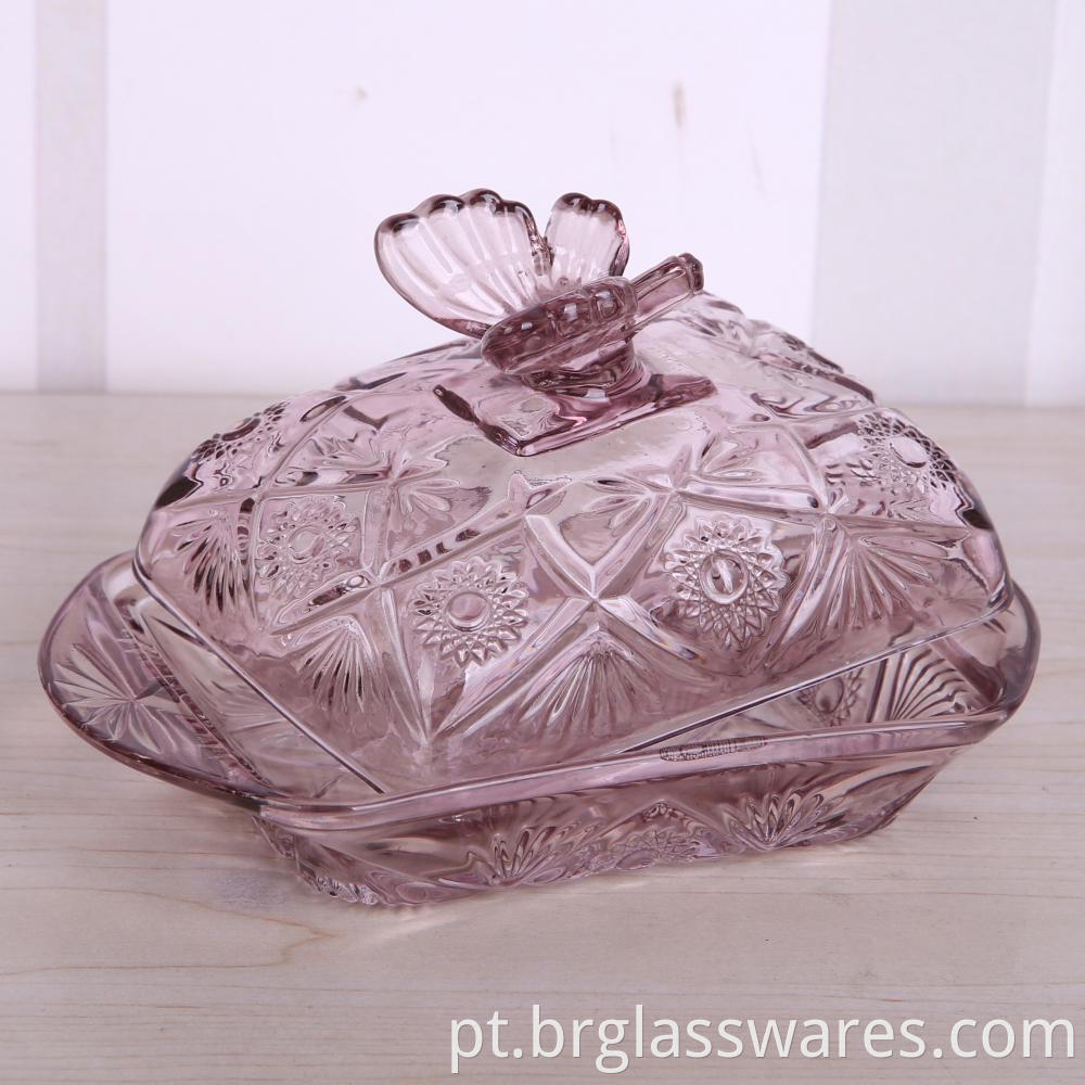 Embossed Glass Butterfly Shape Butter Dish With Lid
